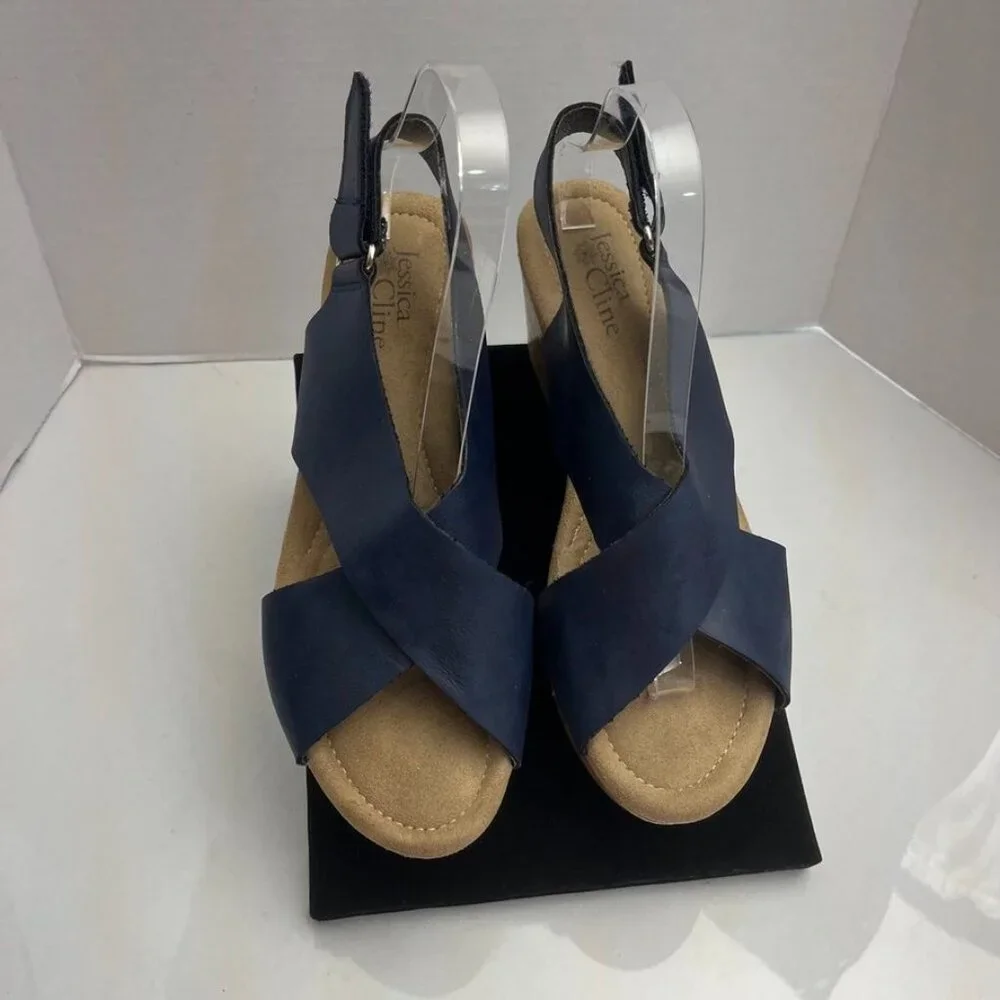 Jessica Cline Dreamer Wedge Slingback Sandals Navy Cork Print 10M
